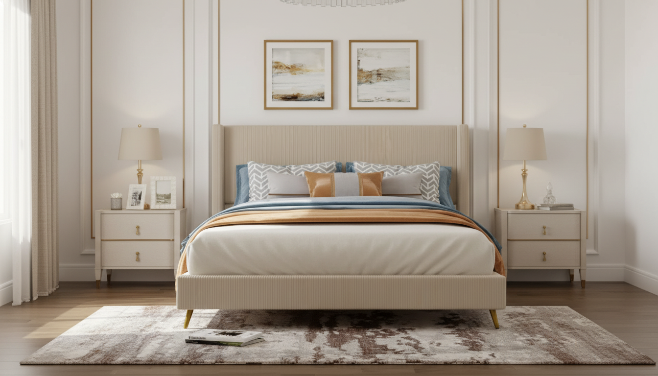 Corduroy Queen Platform Bed: Chic Frame with Metal Legs