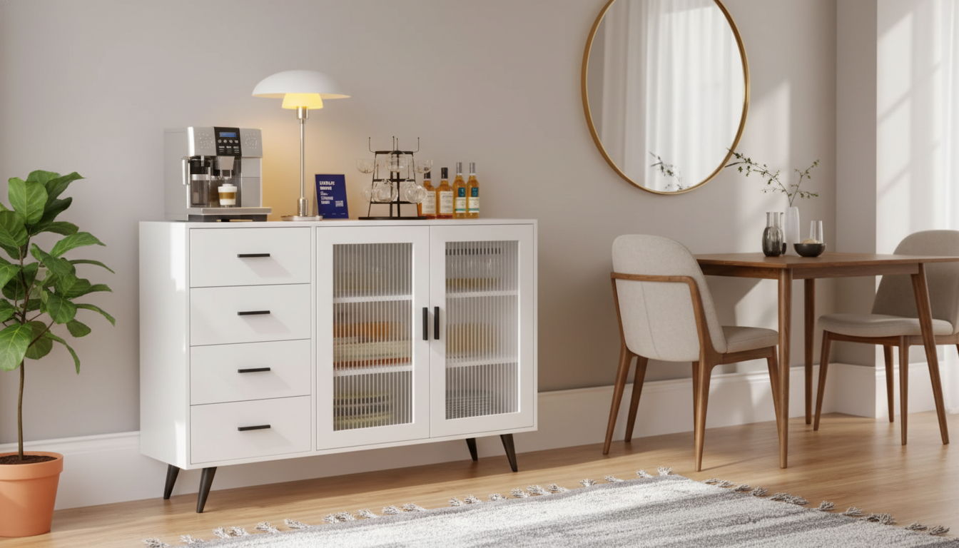 White Sideboard Buffet with Glass Doors & Adjustable Shelves