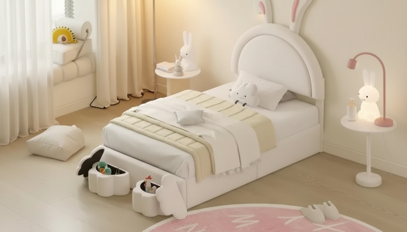 Rabbit-Shaped Velvet Twin Bed with Hidden Storage Stools