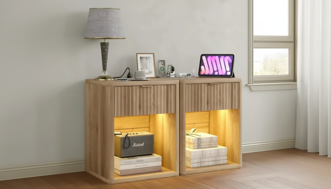 2 LED Nightstands with Drawer & Charging Ports (Set)