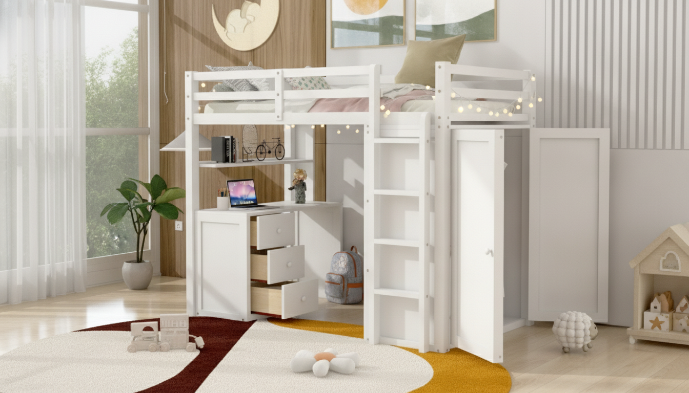 Twin Loft Bed with Desk + Wardrobe: Small Room Win