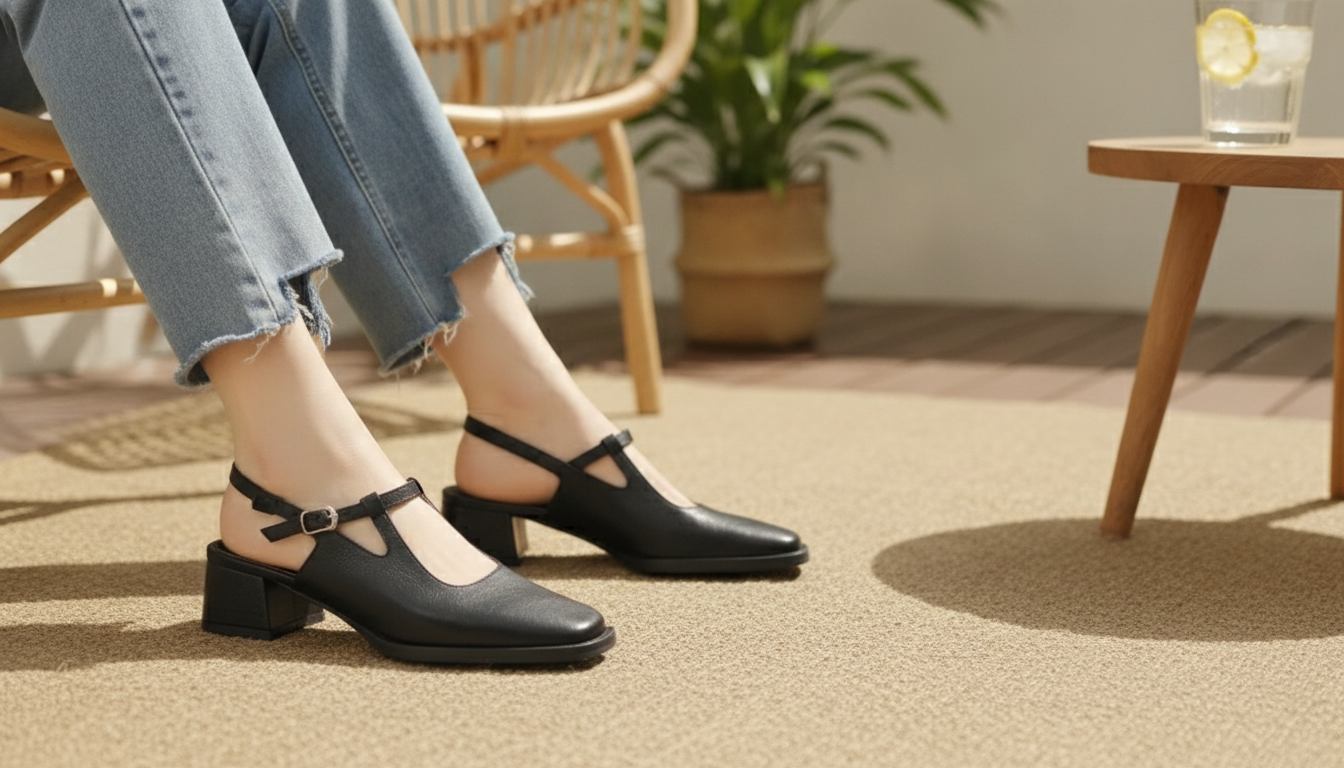 Vintage T-Strap Leather Sandals: Square Heel Summer Fit