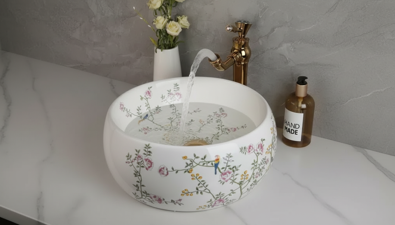 Floral & Bird Ceramic Vessel Sink Set With Gold Faucet