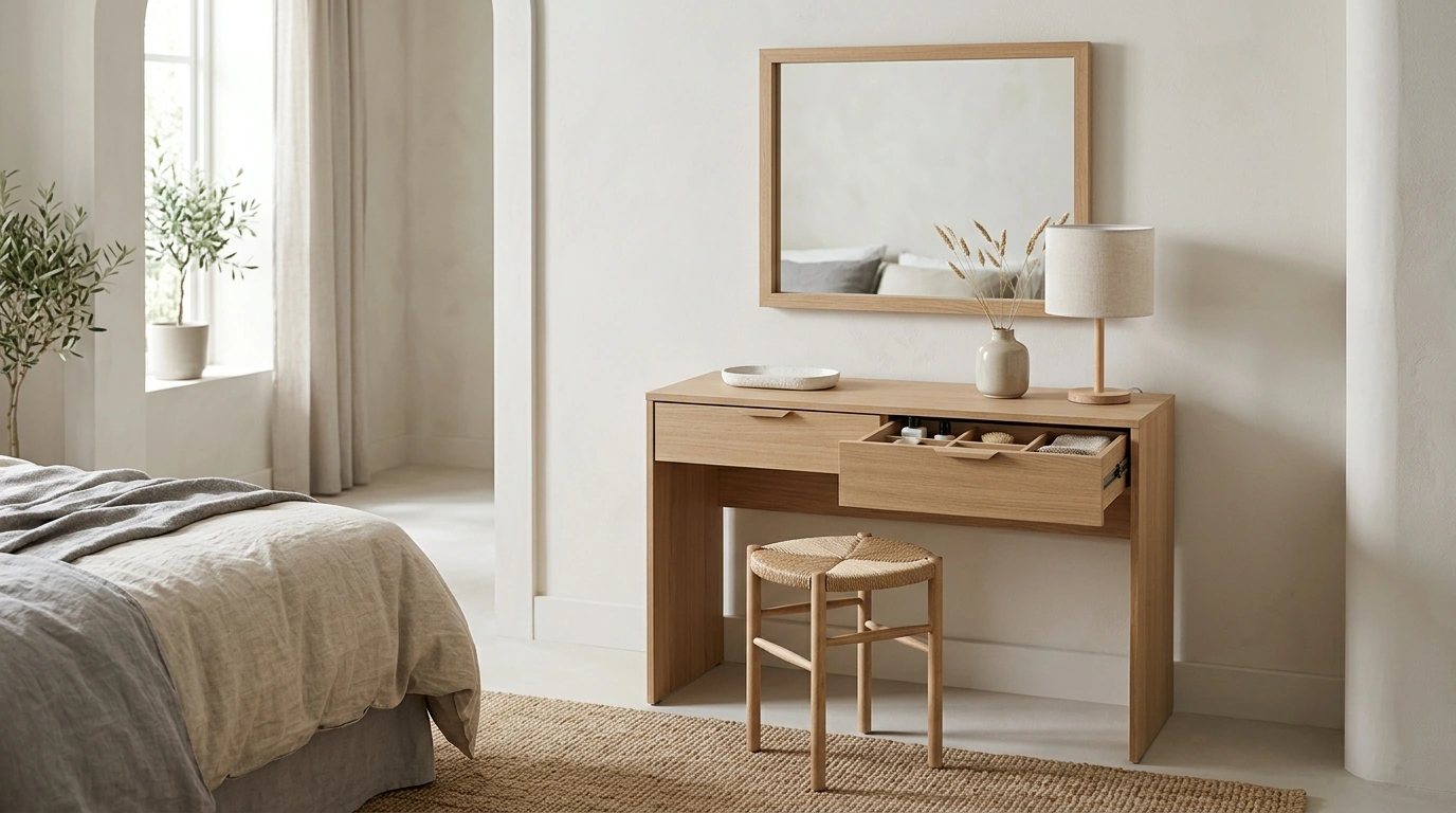 2-Drawer Minimalist Dresser Vanity Set with Mirror & Stool