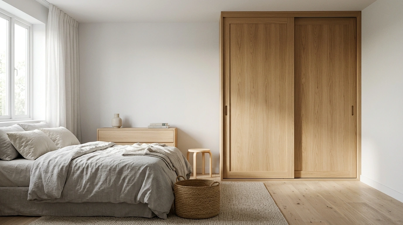 Oak Japandi Wardrobe: Sliding Doors, Hidden Storage