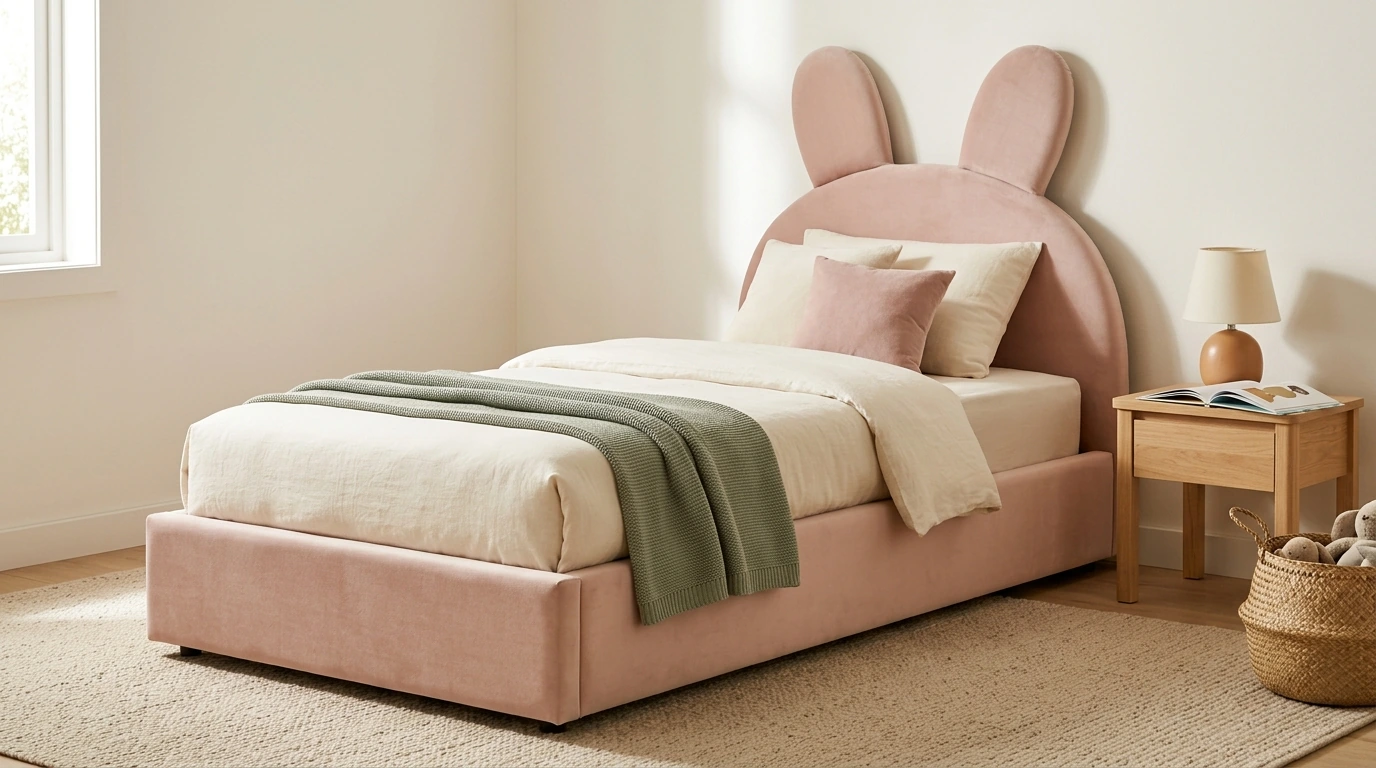 Kids Twin Rabbit Platform Bed: Velvet & Slatted Support