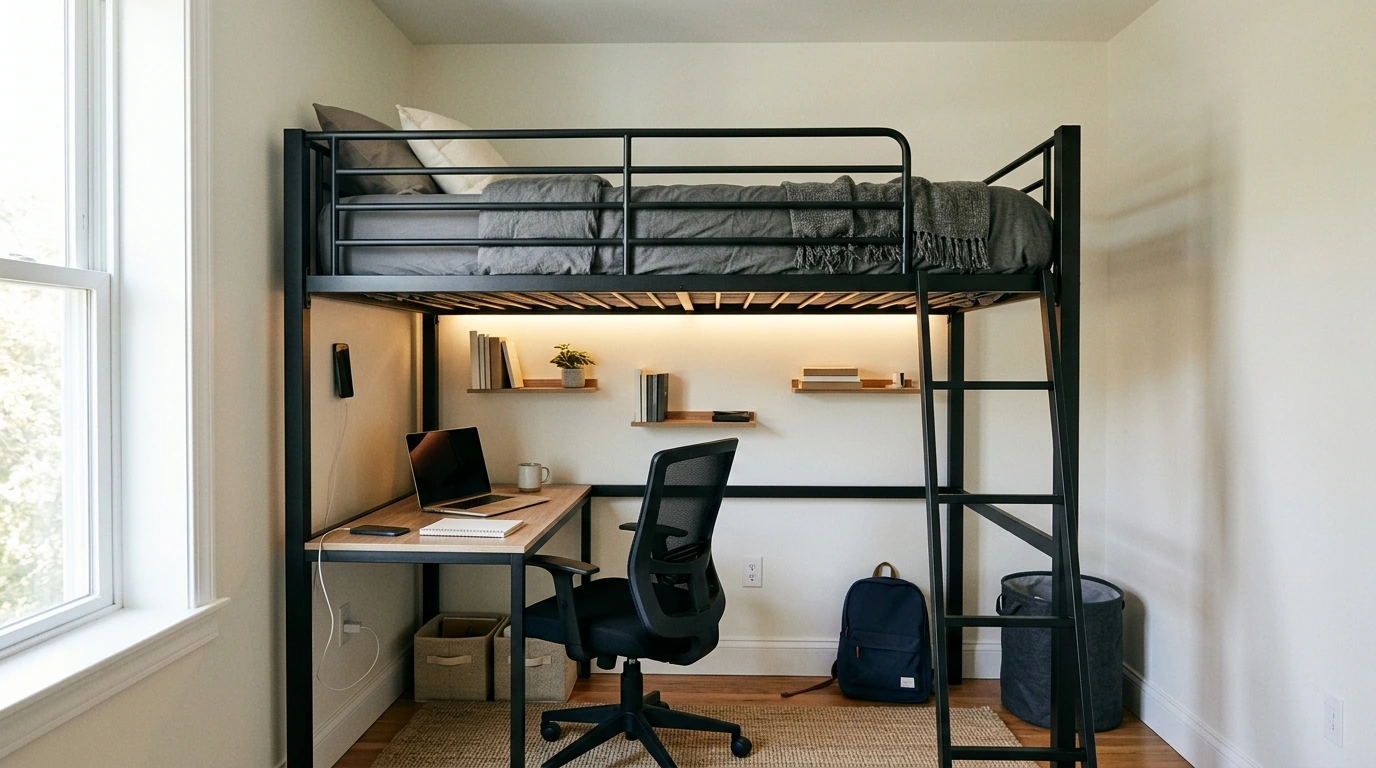 Twin Loft Bed with Desk: LEDs + Charging Built In