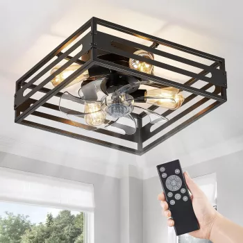 Square Caged Flush-Mount Fan: Light, Remote, 6 Speeds