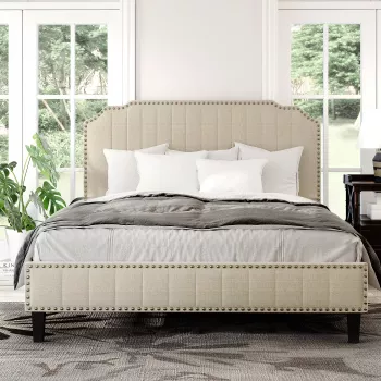 Linen Platform Bed with Nailhead Trim: Modern Upgrade