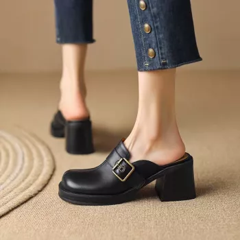 Retro Buckle Leather Mules: Summer Slip-On Heels